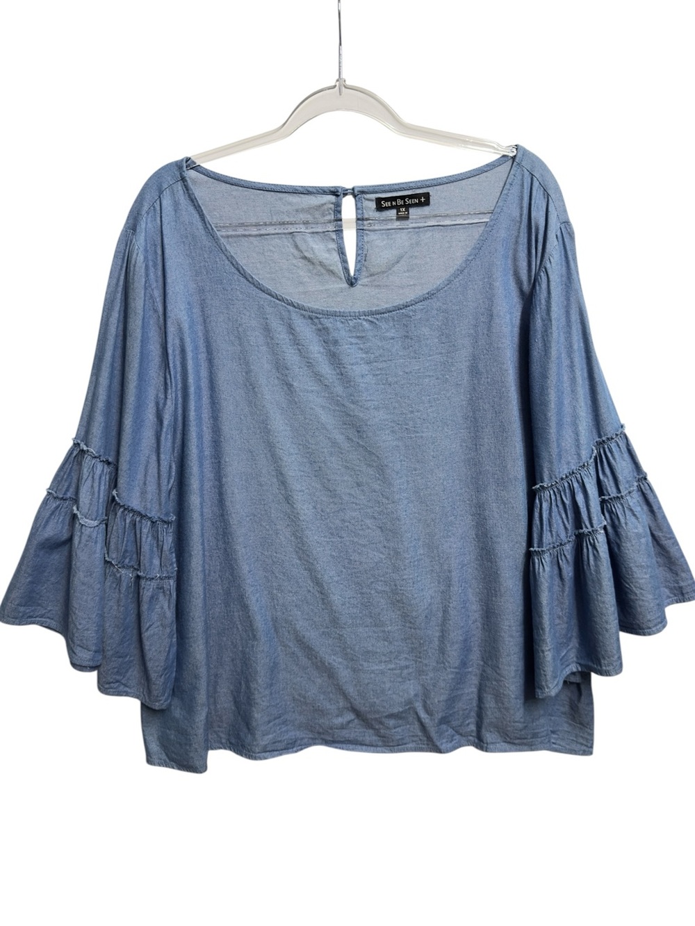 Pure Cotton Chambray Knit Denim Jeans Tunic Shirt Blouse Popover